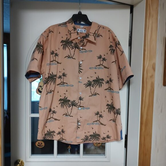 New Free Planet Orange Sand Palm Trees Short Sleeve Button Down Men's 3X - Picture 1 of 2